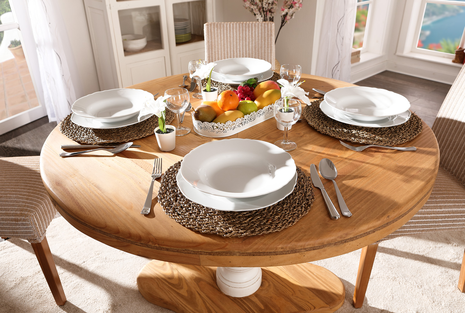 Runder Landhaus-Esstisch Mexico Weiß/Honig