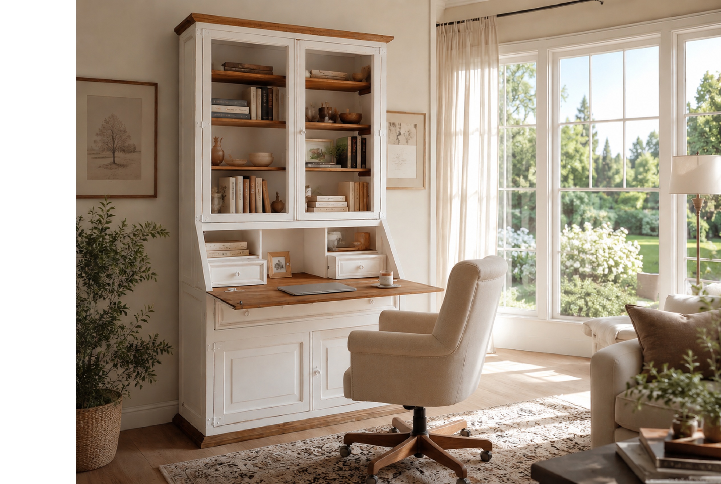 Weißer Sekretär Landhausstil mit Elementen in Honig