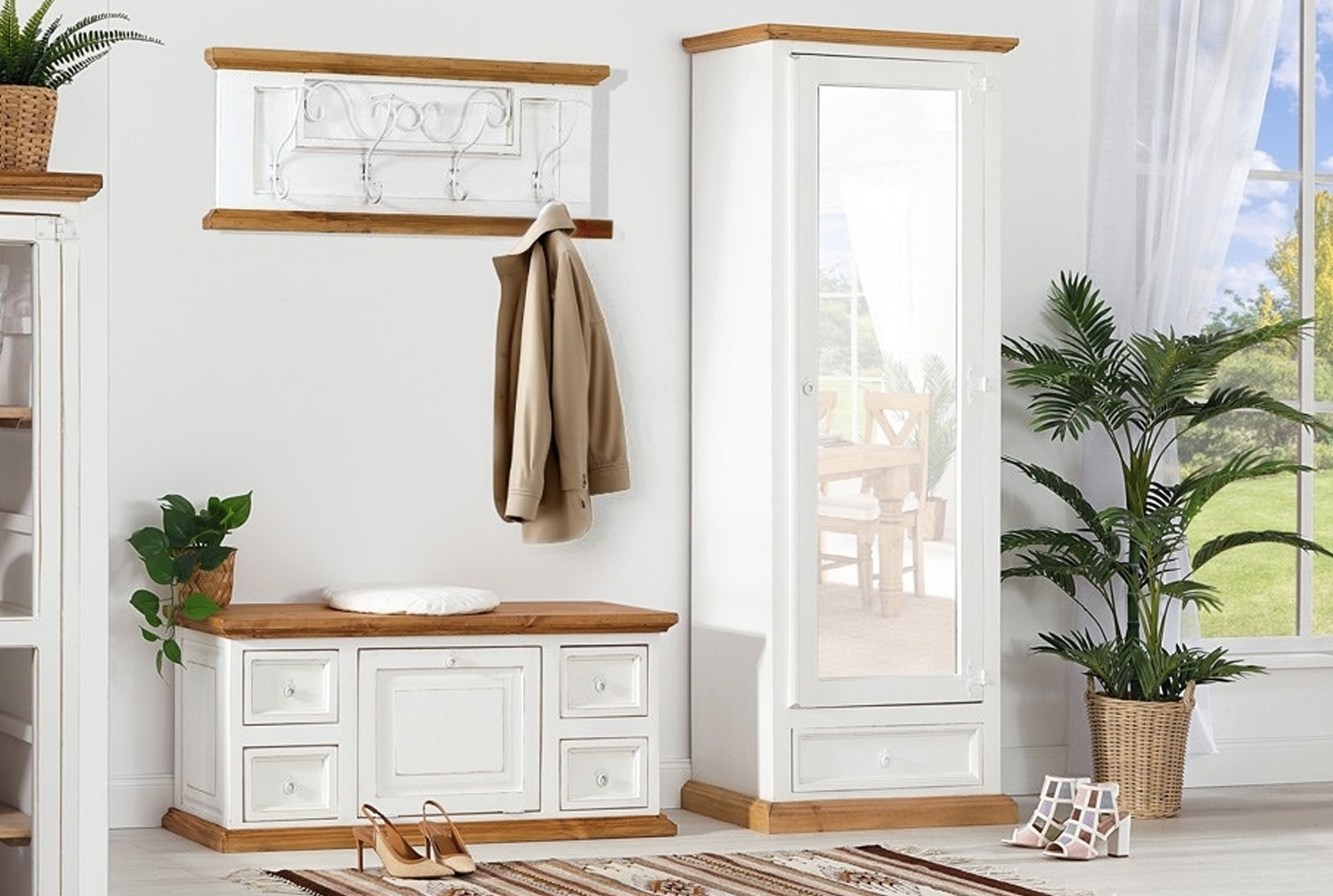 Weiße Garderobe Massivholz Mexico Weiß/Honig mediterraner Landhausstil