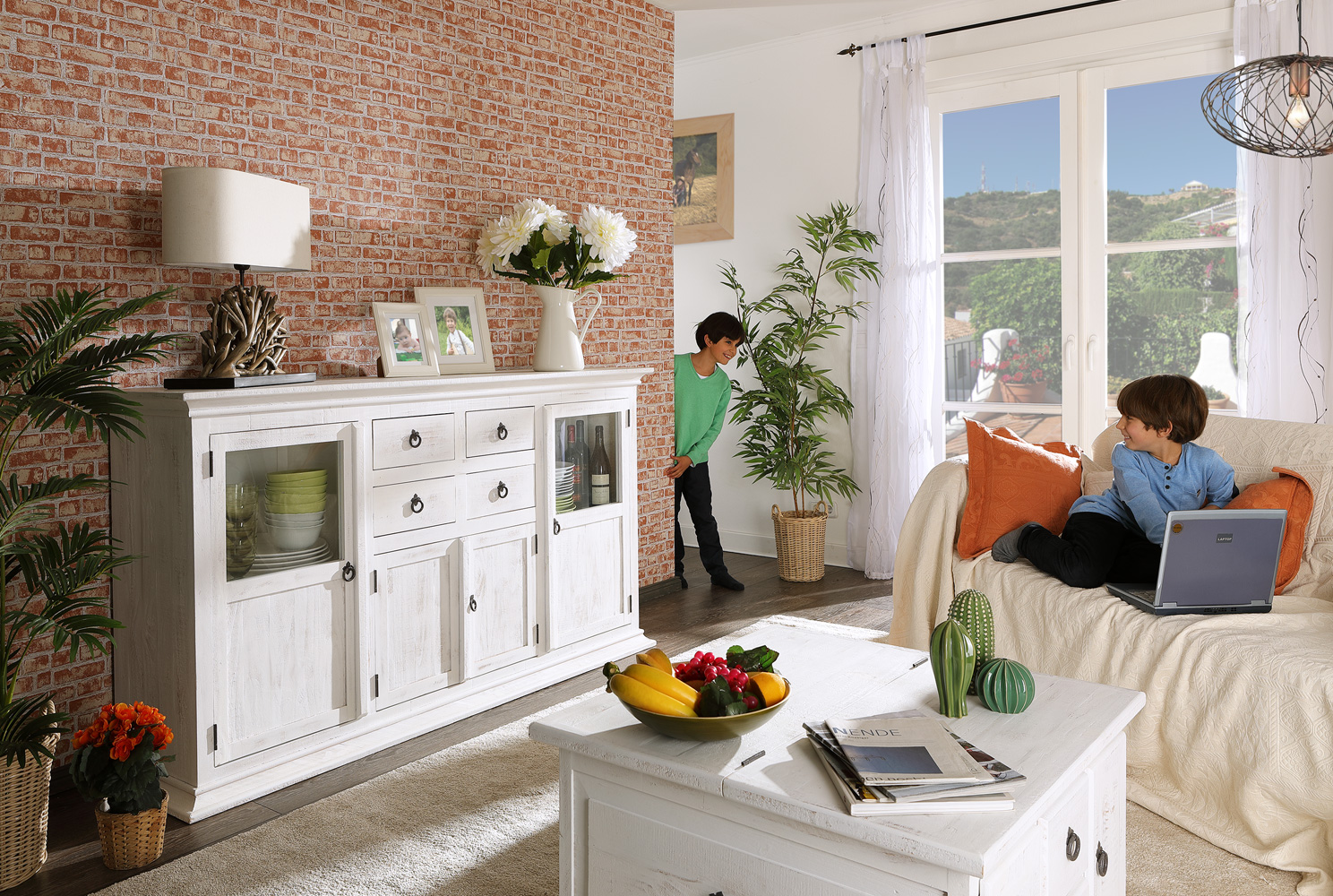 Highboard Mexico Weiß Antik im Shabby Chic Stil