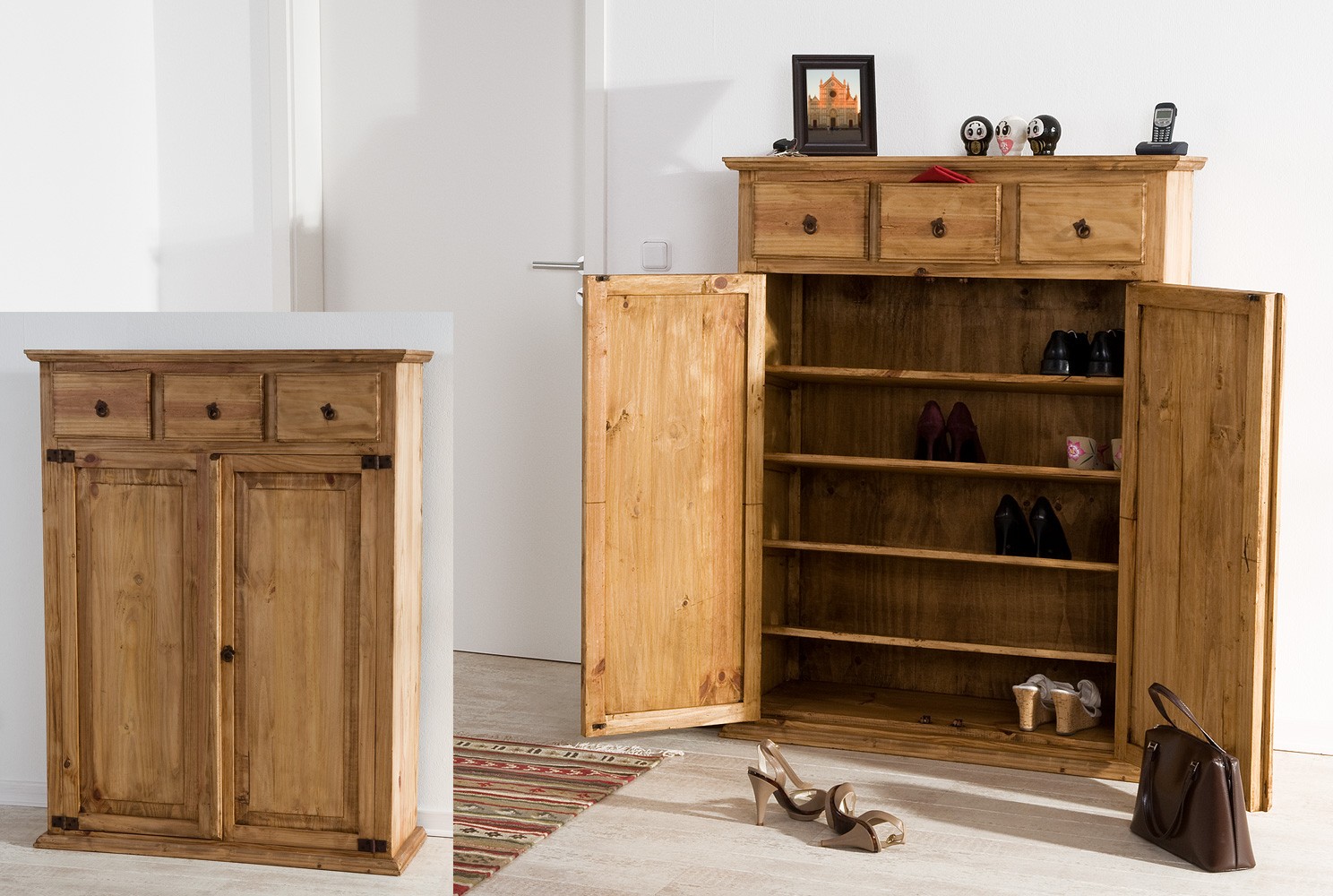 Großer Massivholz-Schuhschrank - Pinie - aus Mexiko - fertig montiert geliefert