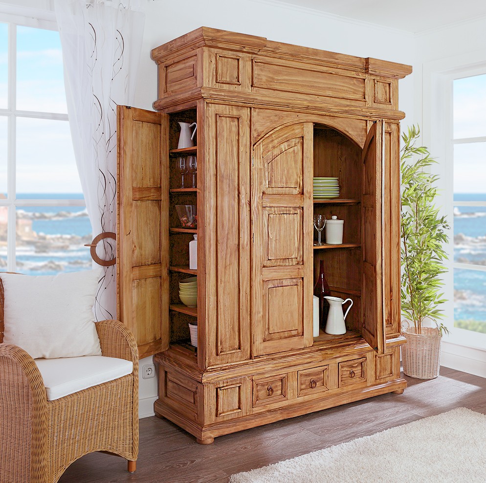 Großer Mexico Schrank - 3-teilig - seitliche Türen - Massivholz - Landhausstil - fertig montiert